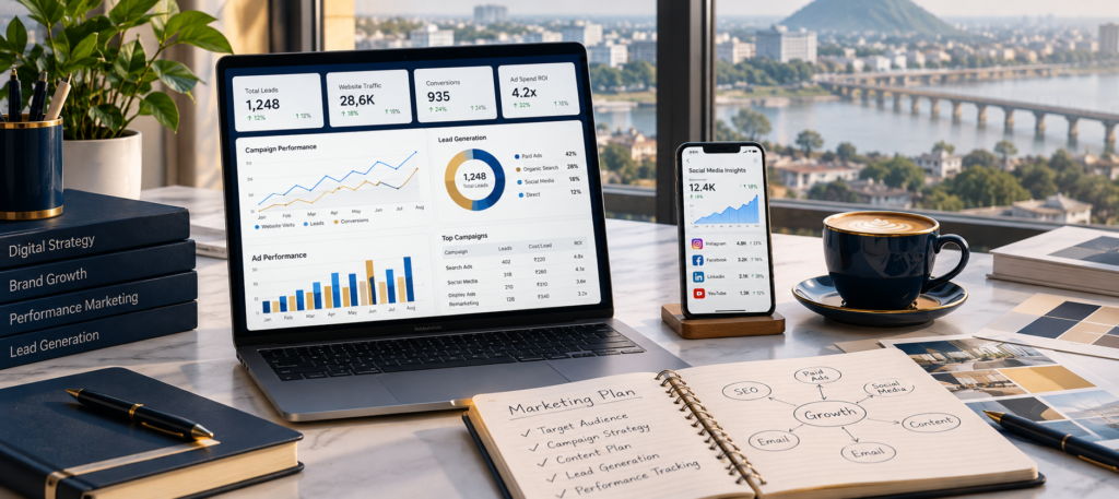 Marketing analytics workspace illustration beside a river