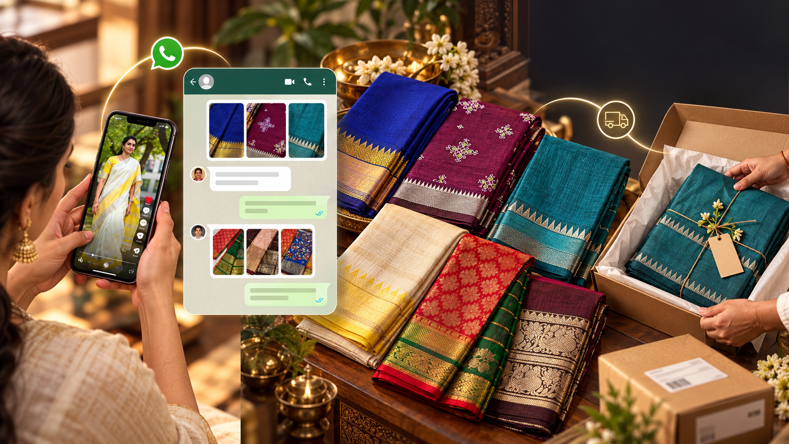 Illustrative saree marketing journey from discovery to customer enquiry