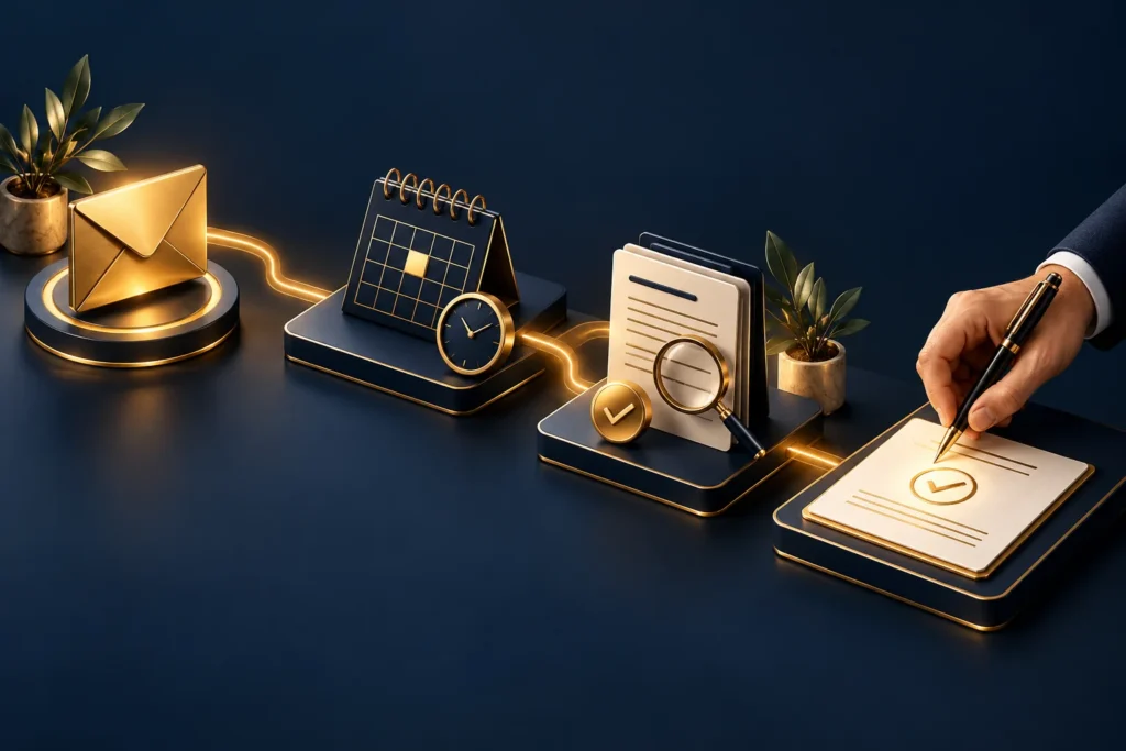 Gold enquiry envelope connected to scheduling and review stations with a human approval step, illustrating marketing automation