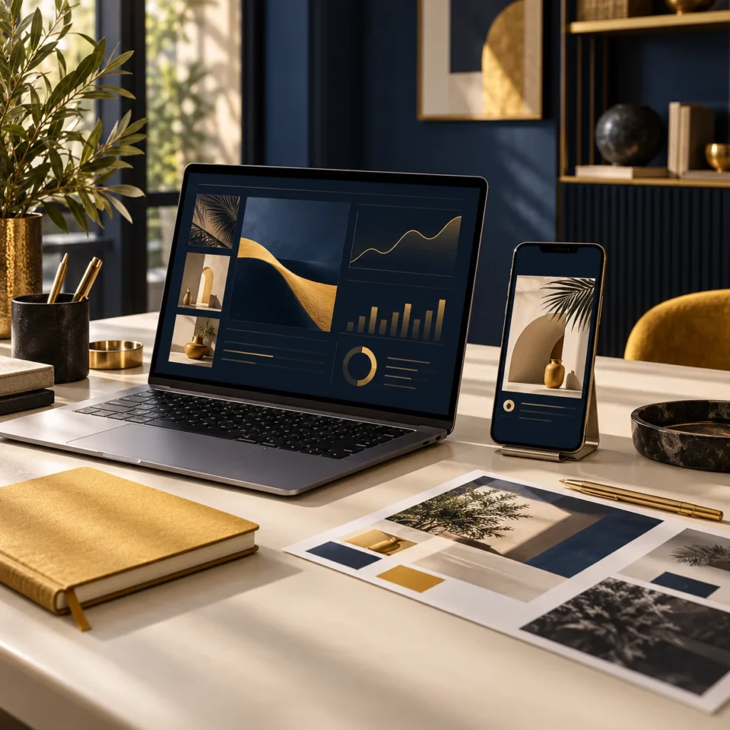 Digital content planning on a laptop and smartphone