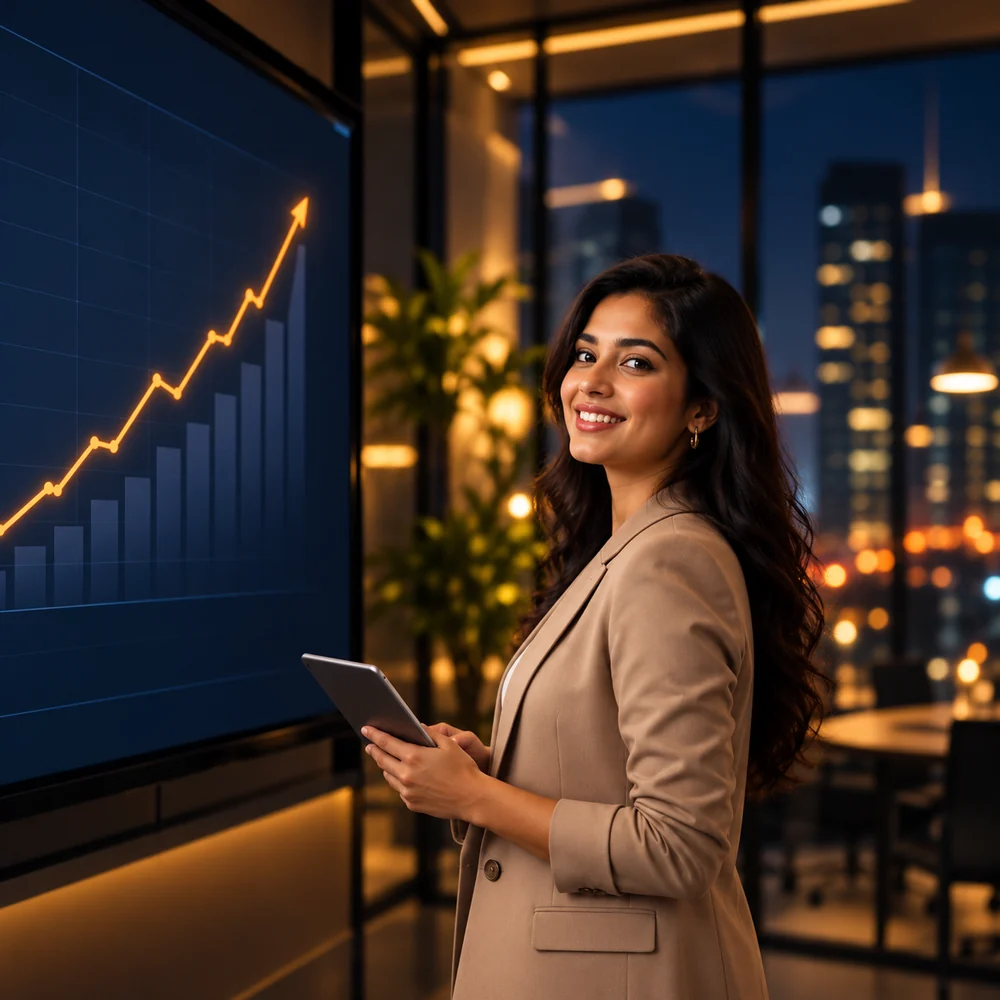 Marketing strategist holding a tablet beside a rising growth chart in a city office