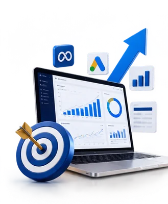 Performance marketing illustration with an advertising dashboard, target and growth chart