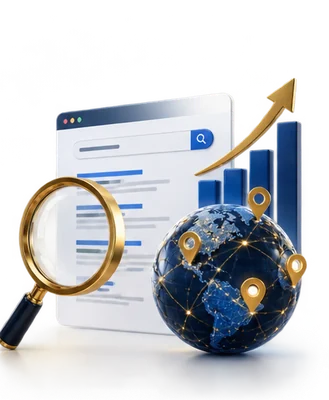 SEO and GEO illustration with search results, magnifying glass and connected globe
