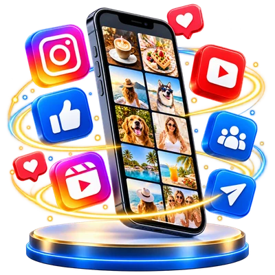 Social media marketing illustration with mobile content and social platform symbols
