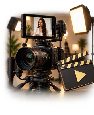 Video production illustration with a camera, lighting and clapperboard