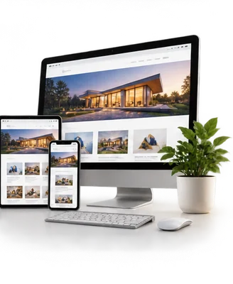 Website development illustration with responsive desktop, tablet and mobile layouts