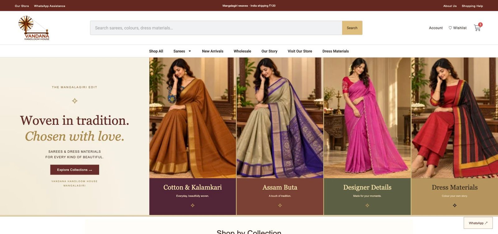 Vandana Handloom House website homepage, built by DK Digital Marketing Services