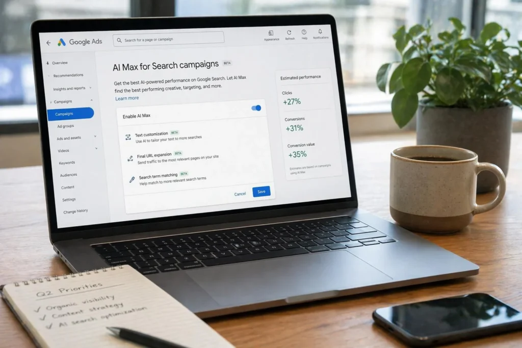 Illustrative Google Ads AI Max settings displayed on a laptop beside a coffee cup