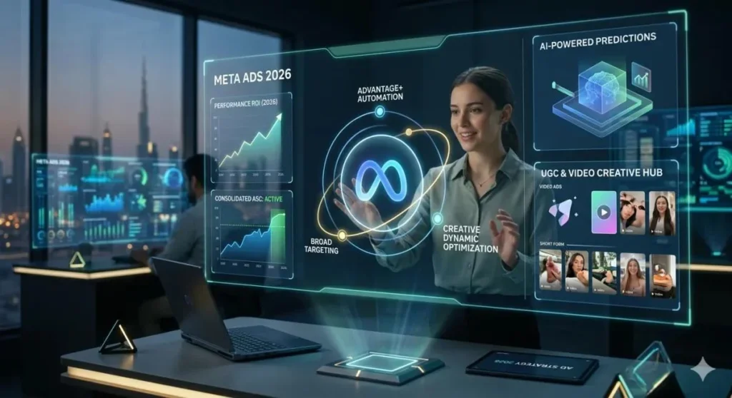 Concept illustration of an AI-assisted Meta advertising workspace with creative and analytics panels