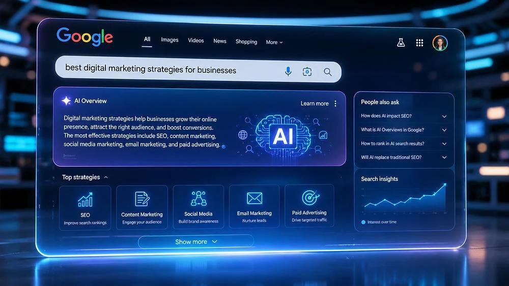 Concept illustration of Google AI search results and digital marketing strategies