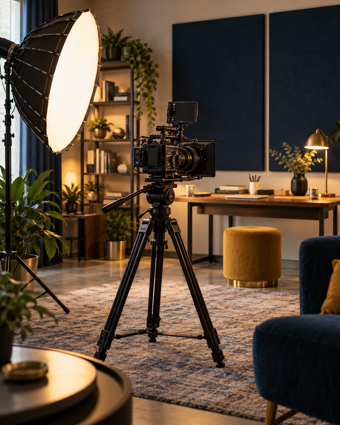 Camera and lighting equipment in a production workspace