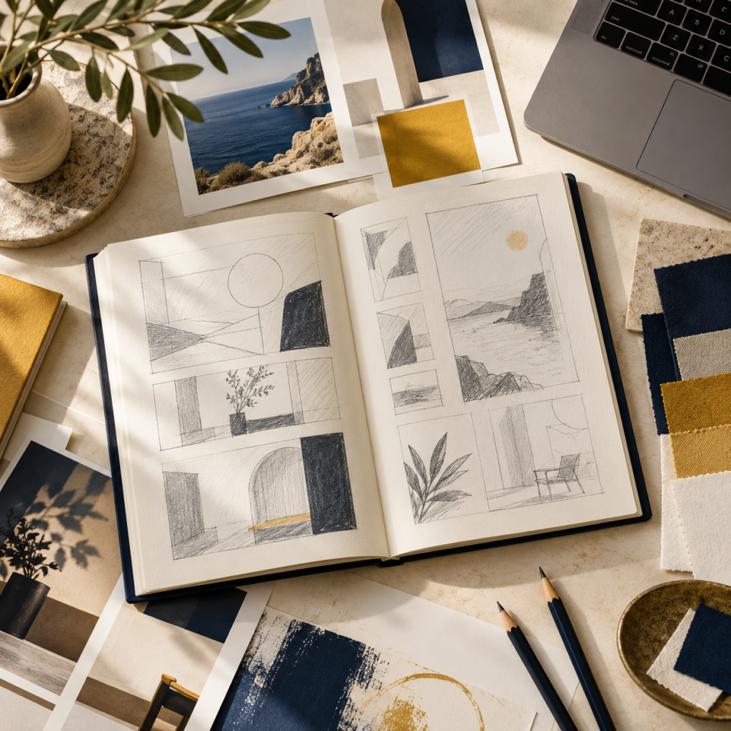 Brand design sketches and printed visual identity materials on a desk