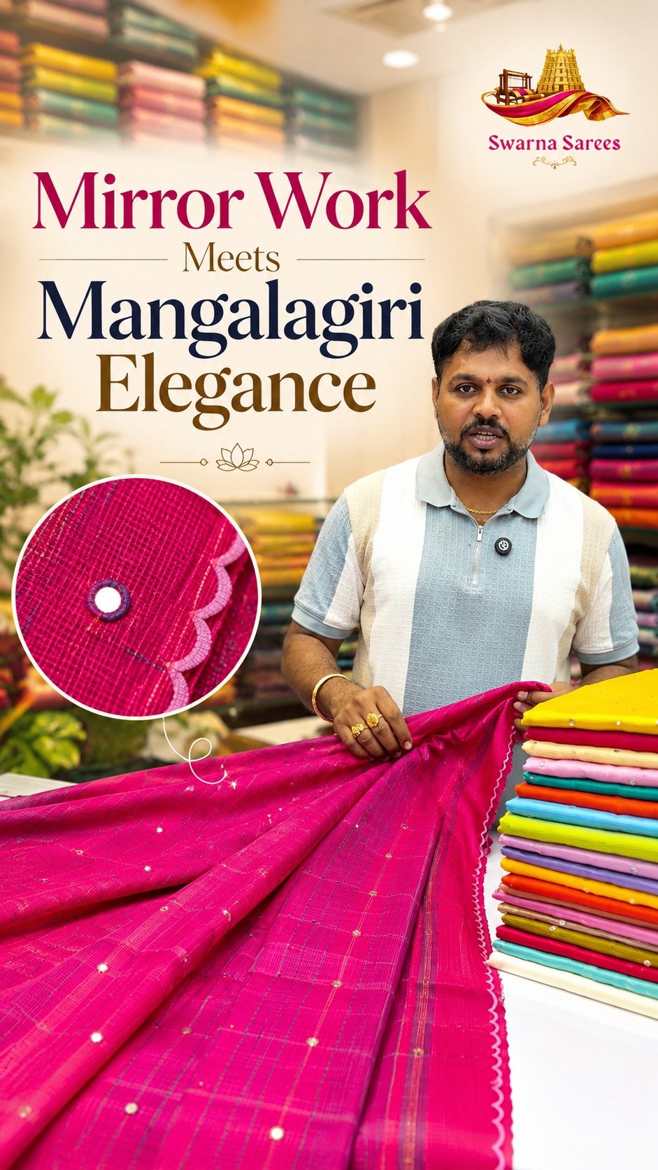 Swarna Sarees Mirror Work Mangalagiri campaign artwork