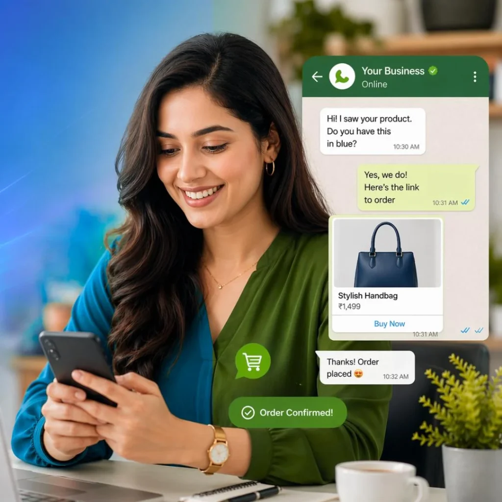 Illustrative WhatsApp product enquiry and ordering conversation on a mobile phone
