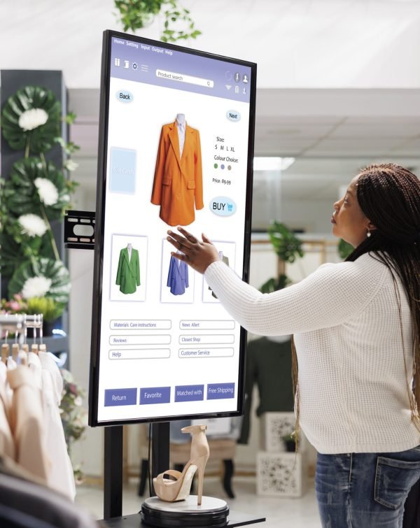 Woman buyer selecting clothes on board, using interactive touch screen monitor in clothing store. Young boutique customer buying fashion items from self ordering kiosk service, retail shop.